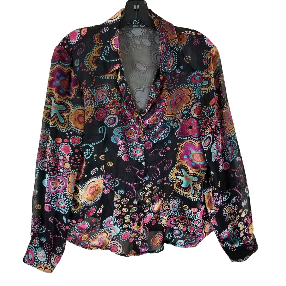 Samuel Dong Silk Blend Velvet Burnout Floral Paisley Mesh‎ Blouse Black Multi L